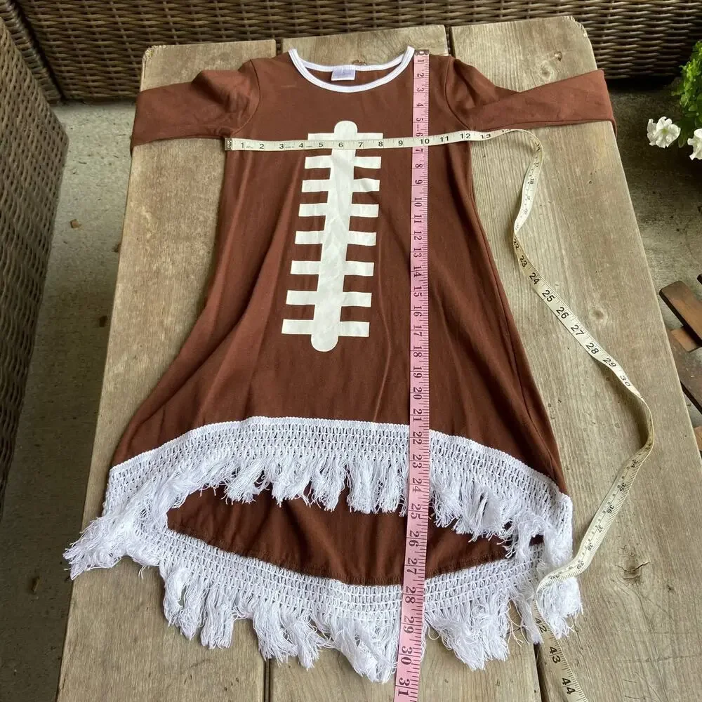Girls Football Print Fringe Dress Size L 4 5 Season‎ Tailgate Party Brown White